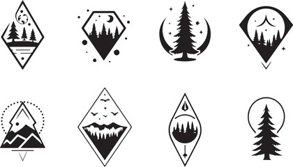 geometric mountain and tree silhouette design,