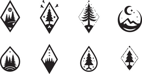 geometric mountain and tree silhouette design,
