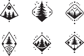 geometric mountain and tree silhouette design,