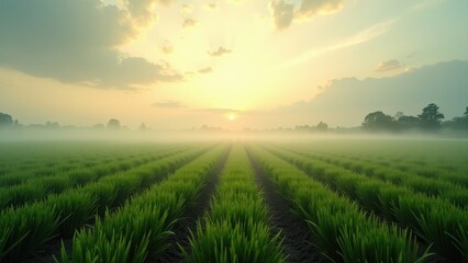 Obraz premium Misty sunrise over green agricultural field with power lines and forest edge 
