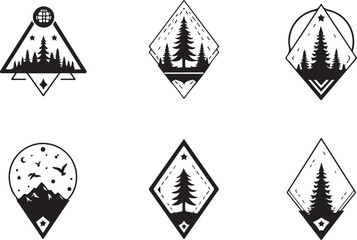 geometric mountain and tree silhouette design,