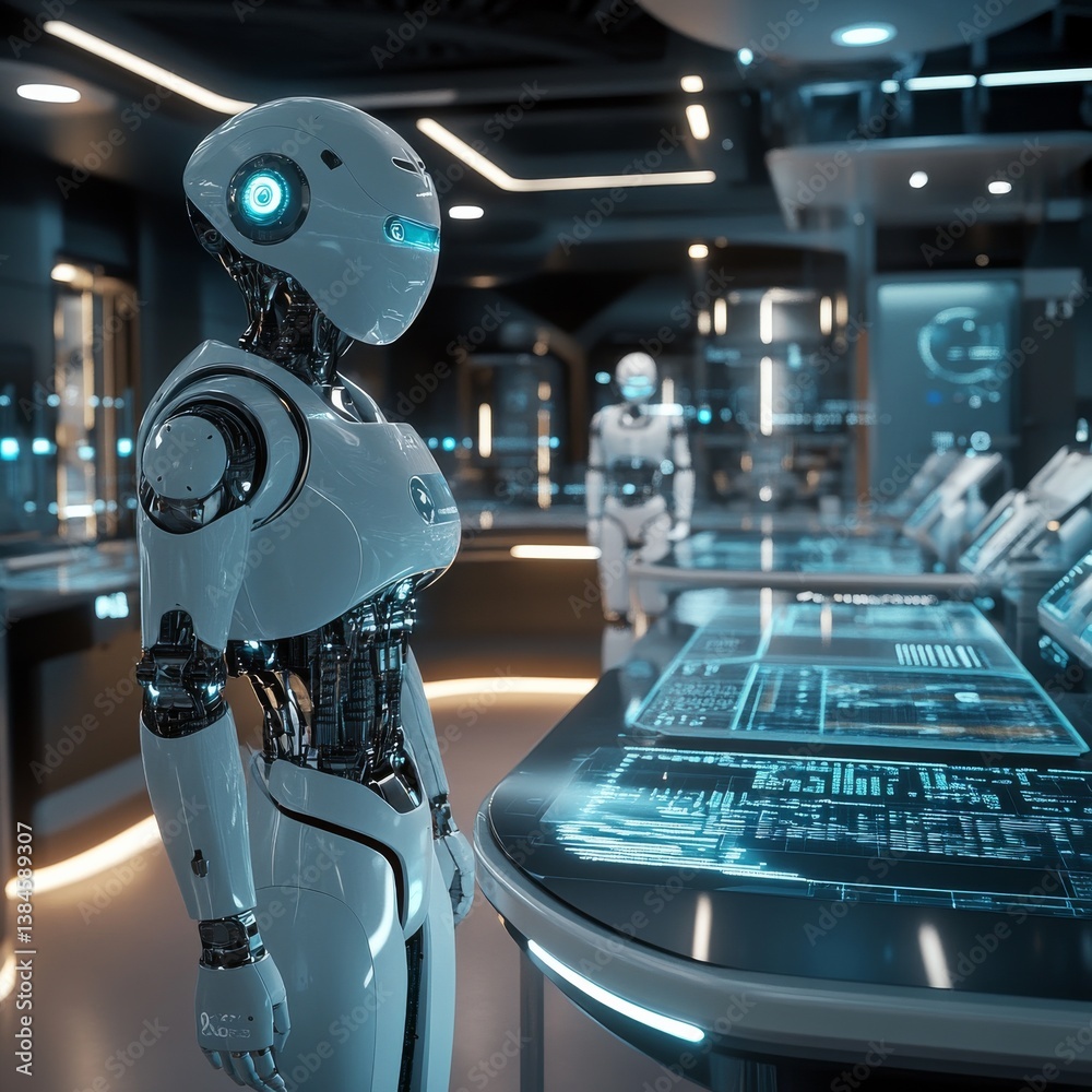 Poster Advanced AI Robot in Futuristic Control Room Analyzing Complex Data, a Vision of Tomorrow's Technology