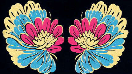 Two symmetrical colorful floral illustrations are displayed on a dark background