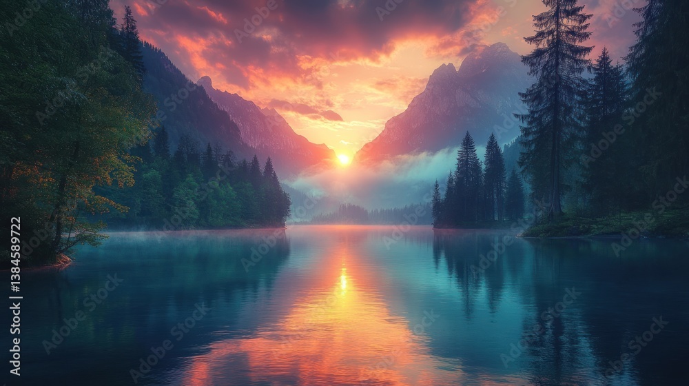 Aufkleber sunrise over a serene mountain lake with misty fog and lush green trees reflected in the calm water.