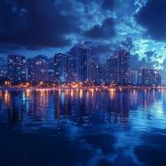 Fototapeta premium Cityscape Reflections: Illuminated Skyline Mirroring on Calm Water Beneath a Dramatic Night Sky