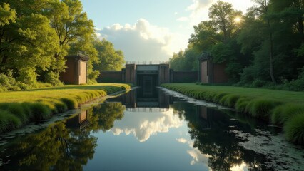 Naklejka premium Stone bridge over calm river surrounded by lush greenery and brick structures under blue sky 