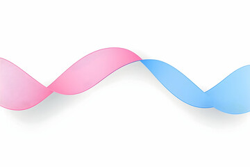 Pink and blue ribbons intertwine and gently curve across a white surface