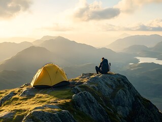 Fototapeta premium A Hiker Camping on the Mountain Summit of Place Fell in the Lake District, tourist in the mountains