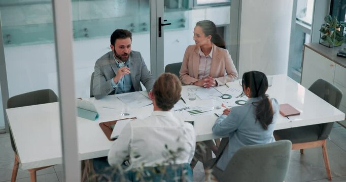 Business people, group and discussion with document in top view, brainstorming and financial charts. Meeting, office and planning strategy with paperwork, investment data or performance stats above