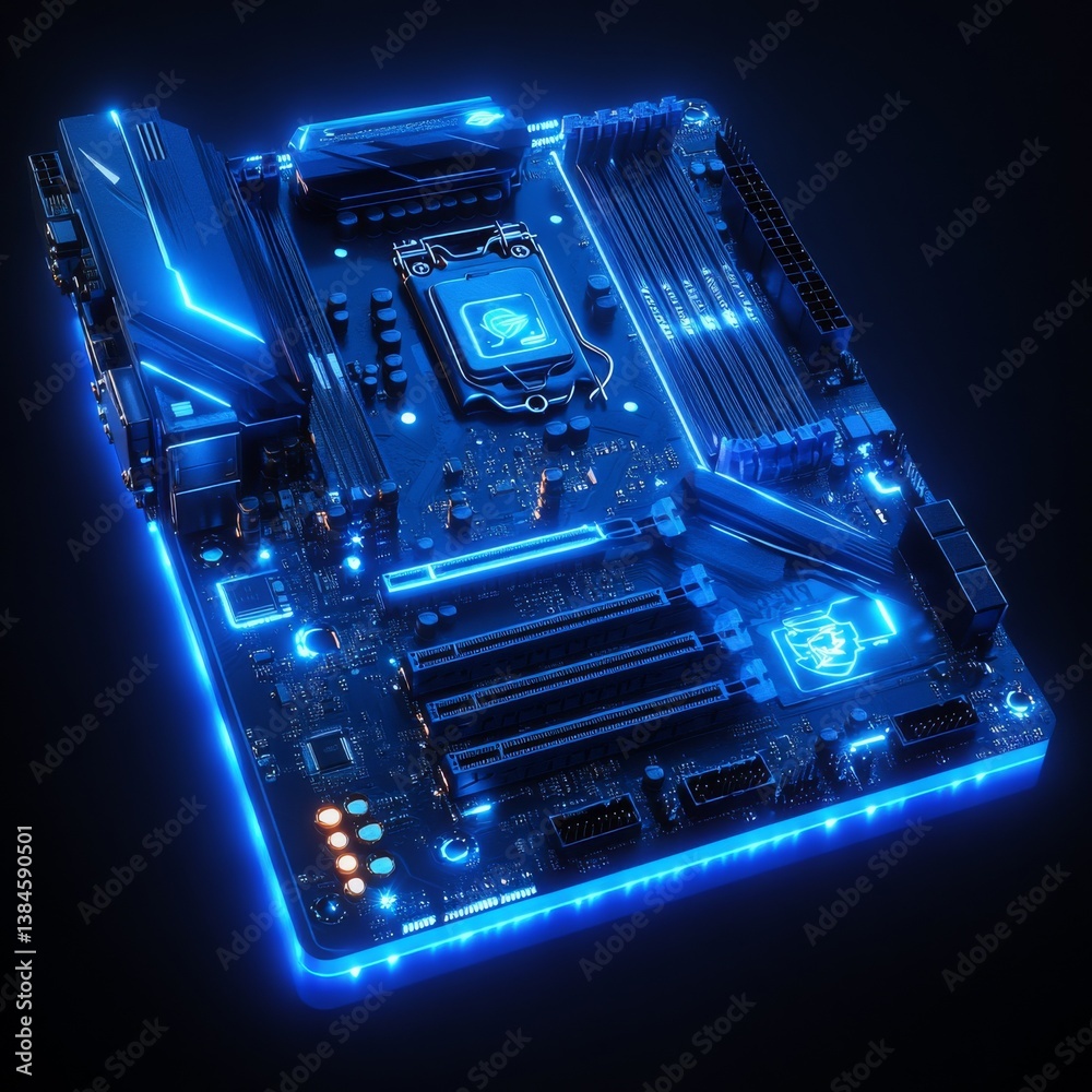 Poster high-tech motherboard illuminated with neon blue glow: circuitry and innovation shimmering in the da