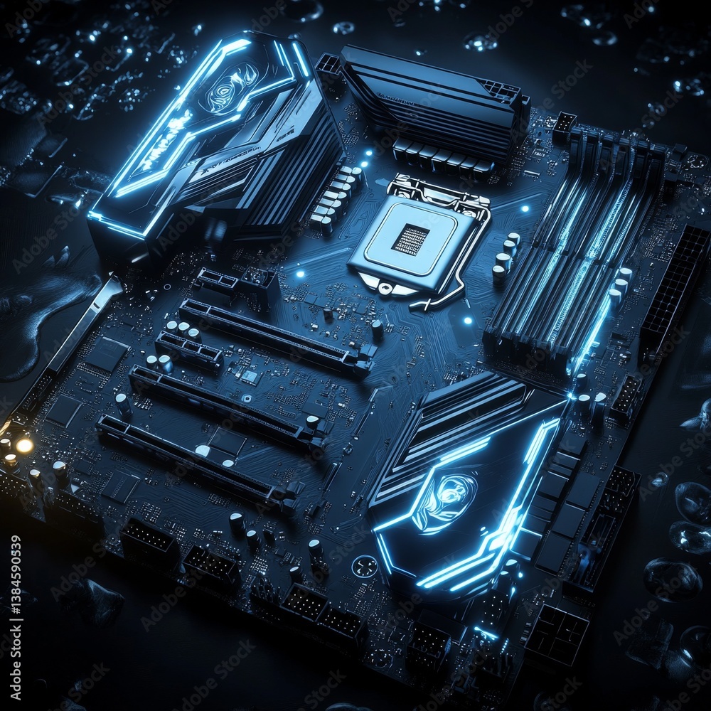 Poster High-Tech Elegance: A Motherboard Glowing with Blue Neon Illuminating the Intricacies of Modern Computing Hardware