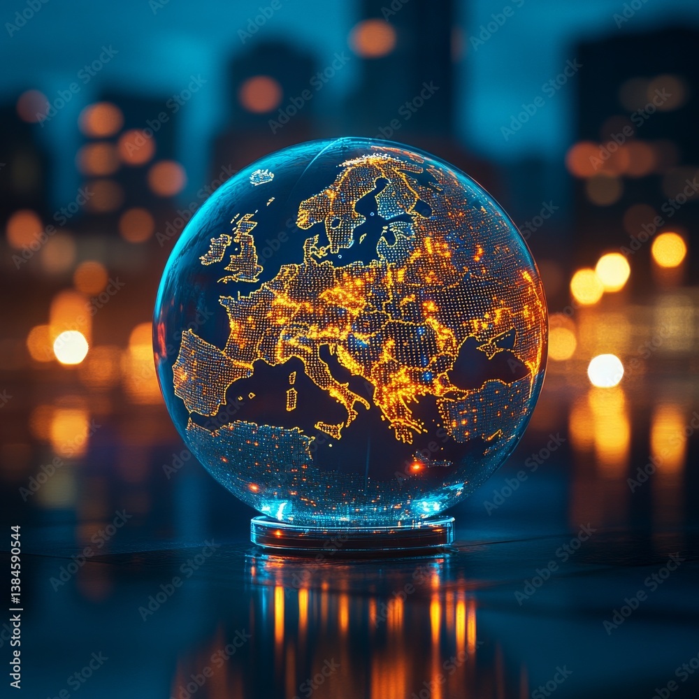 Poster illuminated europe globe in a futuristic cityscape: a glimpse into global connectivity and innovatio