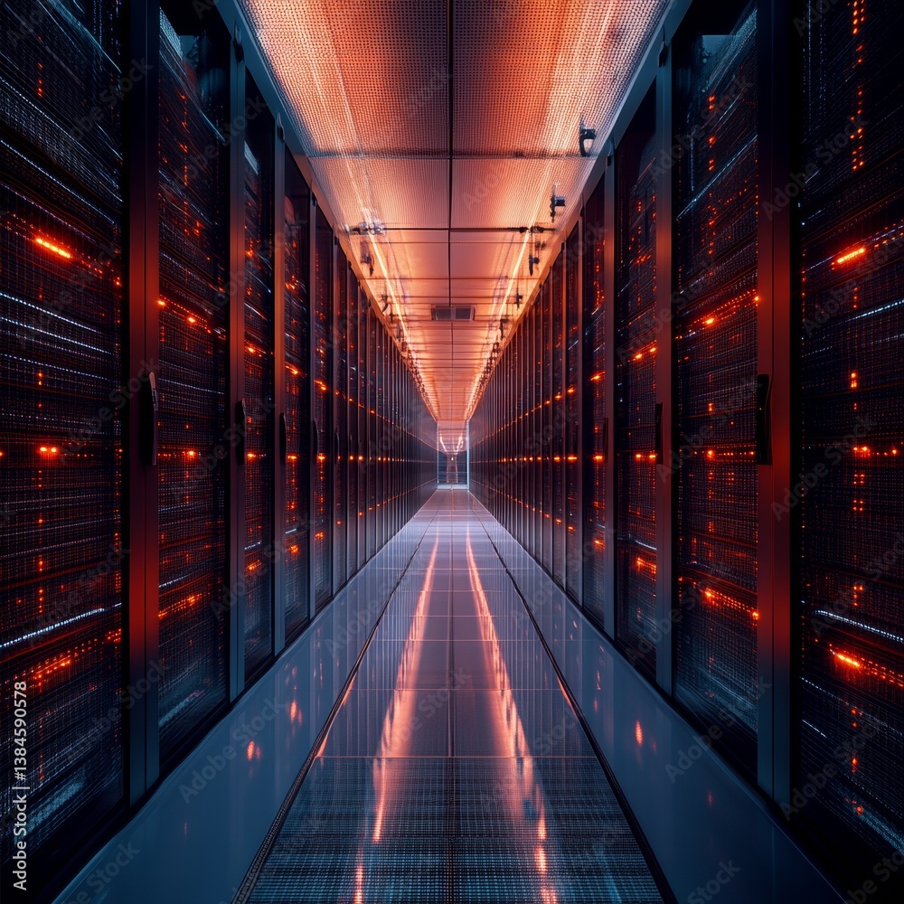 Poster illuminated server room: a corridor of data, power, and efficiency in modern technology infrastructu