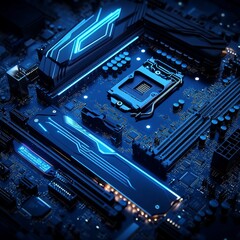 Fototapeta premium Illuminated Motherboard: A Futuristic Glow of High Tech Circuitry for Powerful Computer Systems