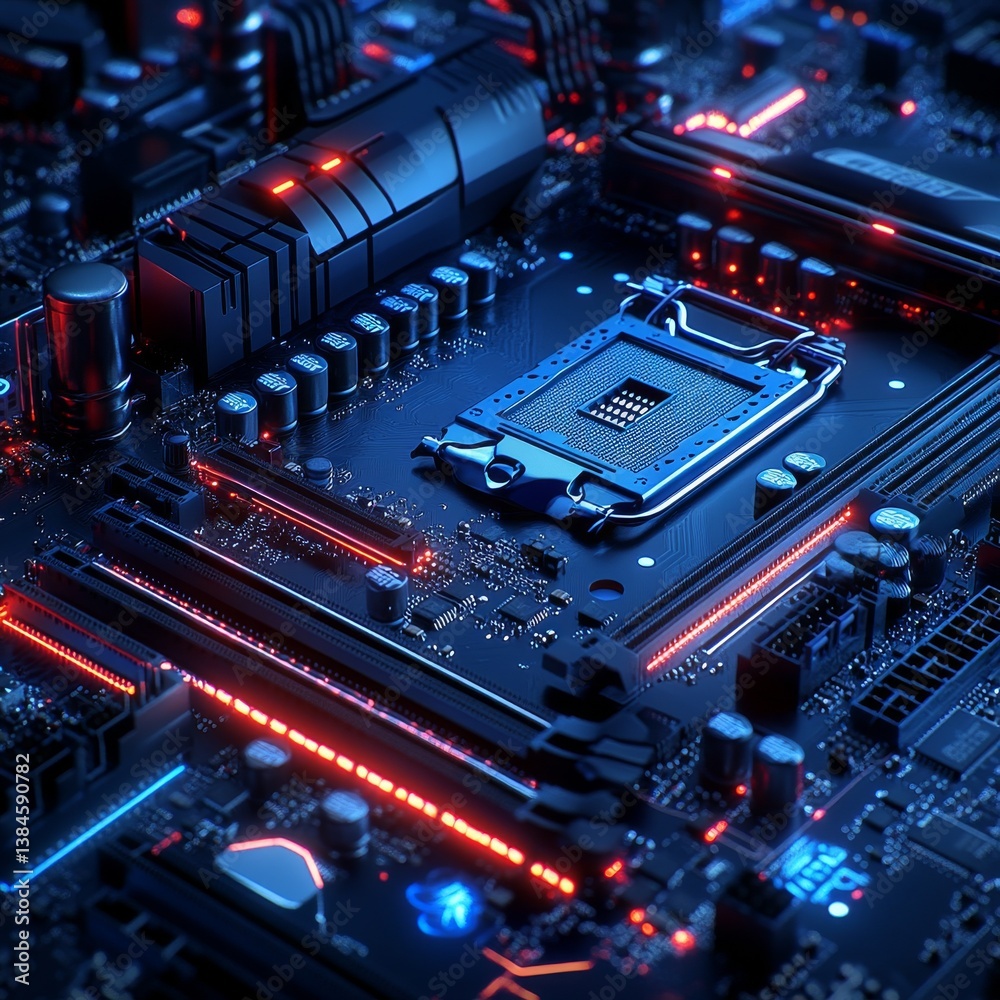 Aufkleber modern motherboard close-up: illuminated circuitry and components for high-performance computing har