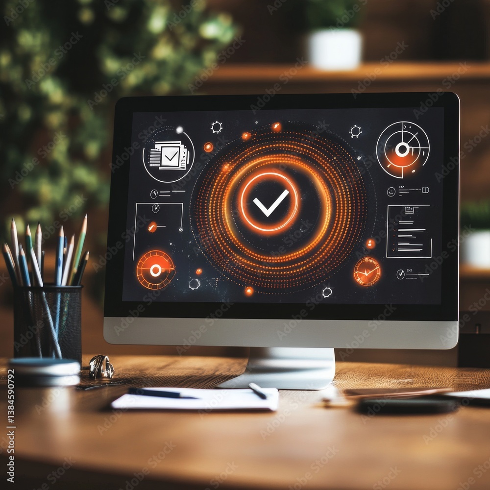 Fototapete Modern workspace with computer displaying digital interface, on a wooden desk with pencils and notepad creating a creative atmosphere.