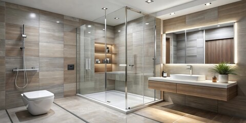 Modern bathroom with a sleek glass shower enclosure and chic tile walls, reflection, minimalist,  reflection, minimalist, chic, water