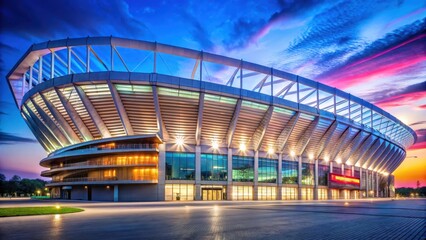 Modern stadium with sleek, angular architecture and vibrant neon lights accentuating its fa?ade at dusk, ambiance