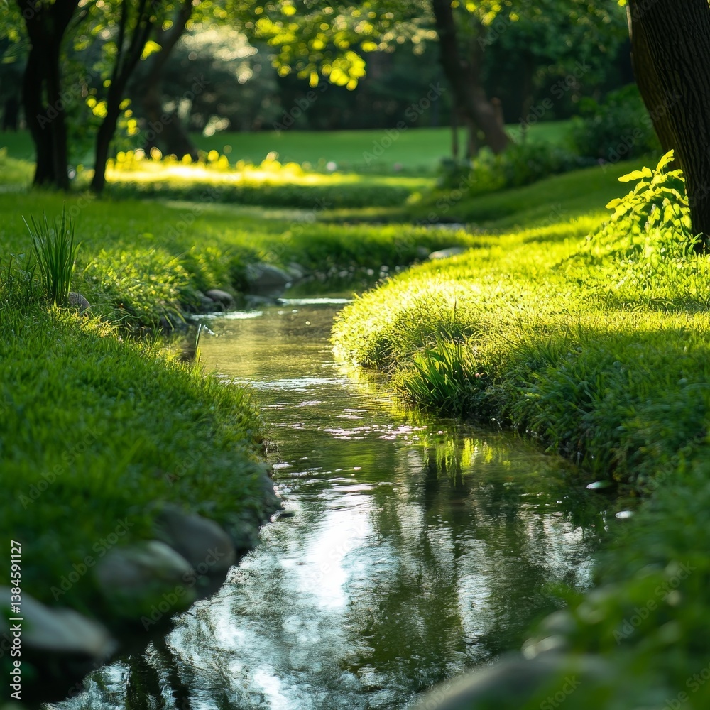 Poster serene stream through lush greenery: a tranquil landscape with reflections of light and shadow on wa