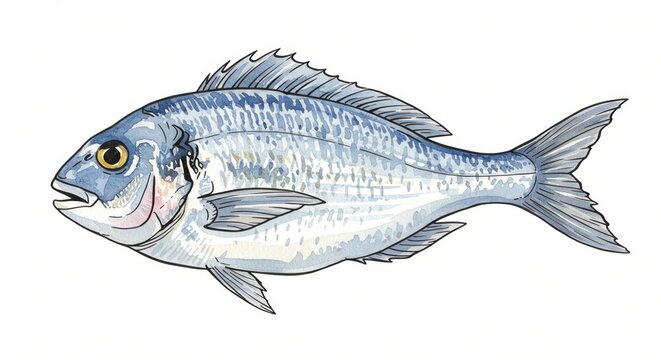 Detailed illustration of a dorade fish showcasing its vibrant colors and intricate patterns against a white background