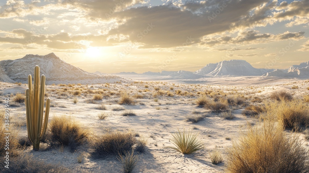 Poster sunset over a vast desert landscape with cacti and sparse vegetation, mountains in the background.