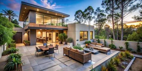 Modern house with a large patio surrounded by lush greenery and tall trees in the Eastlake neighborhood of Chula Vista , architecture, california homes