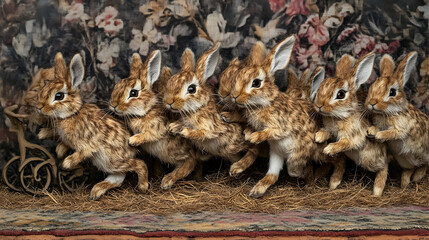 Obraz premium Six Brown Rabbits Posing Together In Front Of Fabric