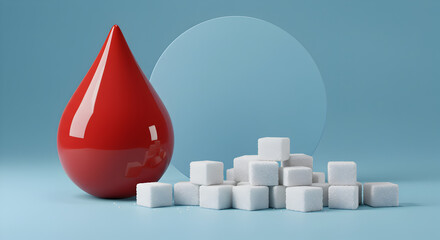 Conceptual Still Life Featuring Red Blood Drop and Pile of Sugar Cubes on Blue Background