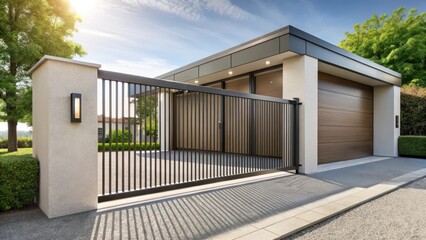 Automatic sliding gate in modern house with sleek design and metal frame, front gates