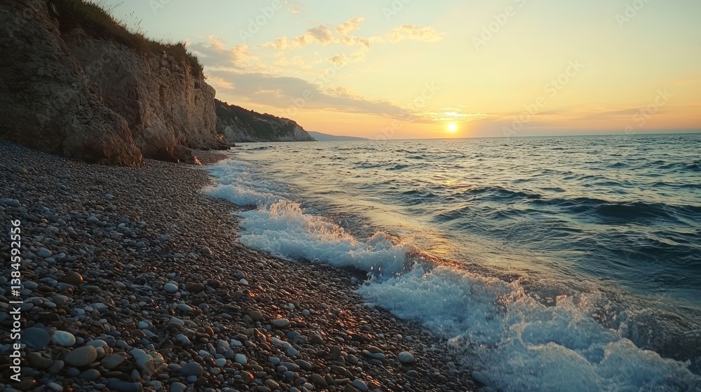 Poster sunset over pebble beach with waves gently lapping the shore.