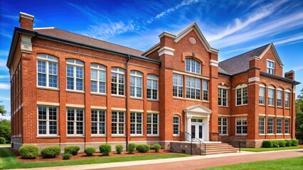 Fototapeta premium Traditional American school building with a red brick facade and large windows