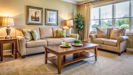Cozy Assisted Living Room with Plush Sofa and Coffee Table