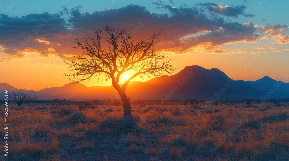 Poster sunset silhouettes a barren tree in a vast desert landscape with mountains in the background.