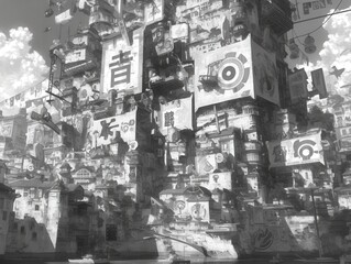 Black and white illustration of a complex, crowded city by the water