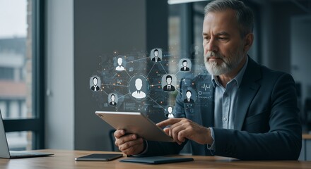 Mature Businessman Uses Tablet for Network Management and Data Analysis in Modern Office Setting