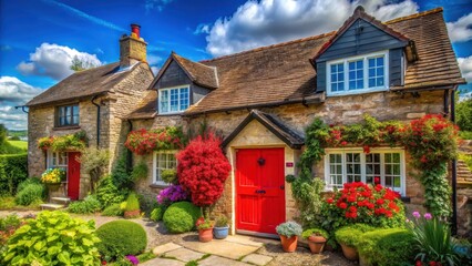 Cozy traditional English cottage with bright red door and green shutters under a clear blue sky on a sunny day, traditional English houses, flowers