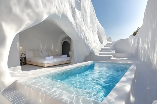 Serene Santorini Suite: A dreamy white cave bedroom opens to a private plunge pool, bathed in bright sunlight.