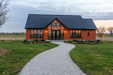 Obraz premium This contemporary brick home features a stylish roof and a beautifully landscaped pathway, all beautifully framed by a serene rural landscape at twilight