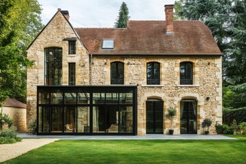 Fototapeta premium Charming stone house with modern glass extension located in a tranquil garden setting in France showcasing a blend of traditional and contemporary architecture