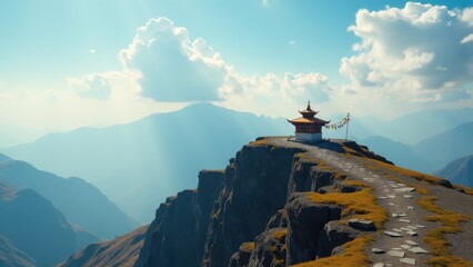 Mountain temple with flag on peak surrounded by vast alpine landscape under clear sky	