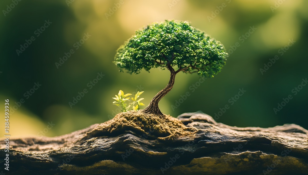 Poster miniature tree model on a wooden surface with nature background