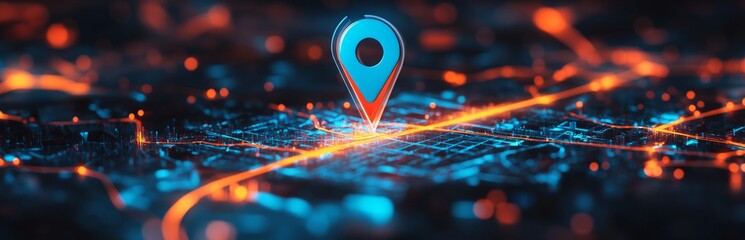 Digital map highlights glowing location pin. Tech map shows navigation route. Modern tech design. City center pinpoints destination. Route plan on digital map