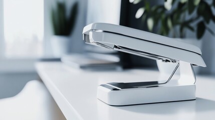Monochrome stapler on a bright white office desk with modern simplicity