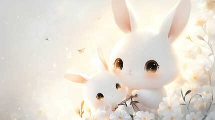 Two fluffy white bunnies nestled among white flowers in sunlight