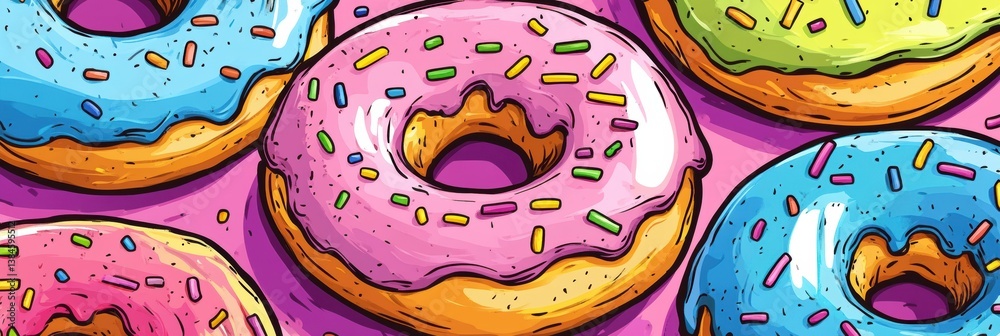 Leinwandbilder playful display of colorful donuts with rainbow frosting and sprinkles in a bright pop-art style com