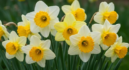 Obraz premium This image showcases a cluster of bright daffodils with white petals and yellow centers. The vibrant colors and soft lighting create a cheerful spring scene. Green foliage provides a natural backdrop.