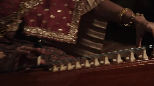 A Thai woman wearing Thai dress and playing a Thai stringed instrument.