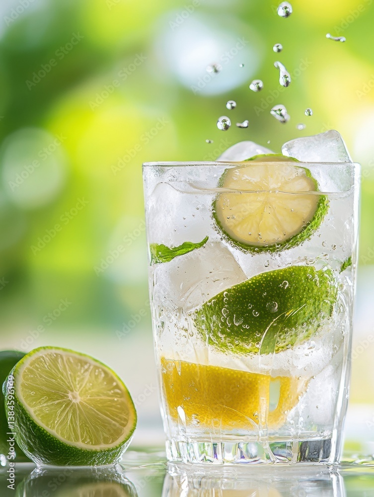 Poster Refreshing cold lemonade with ice cubes and fresh lime slices in a bright summer setting for a perfect outdoor beverage experience