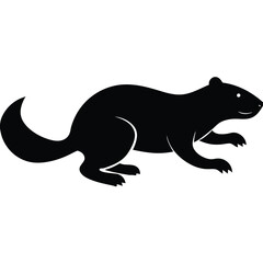 Simple Black Silhouette Of A Walking European Mink Isolated On White Background.
