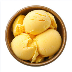 Mango sorbet ice cream in a brown bowl isolated on white background, top view